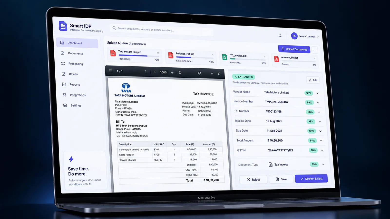 Smart IDP — AI invoice extraction dashboard